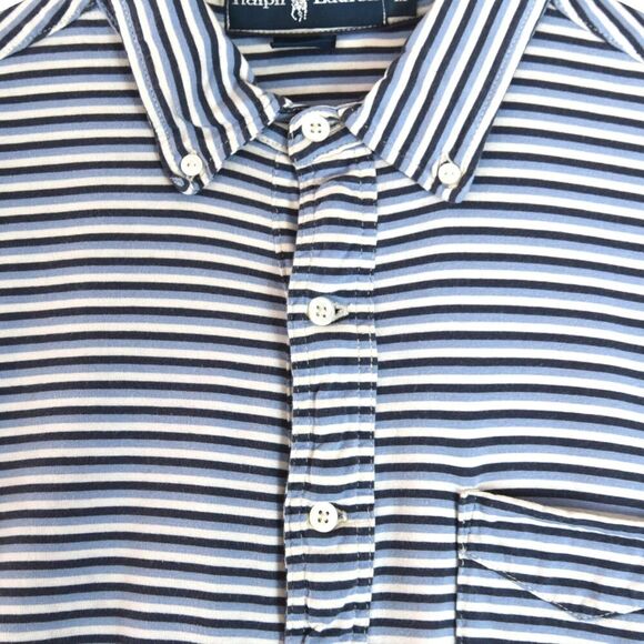 Ralph Lauren Polo Shirt Mens Medium Blue White Stripe Cotton Short Sleeve Button - Picture 4 of 7